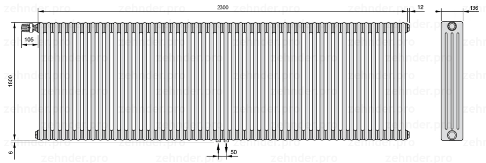 Схема (чертеж) Радиатор Zehnder Charleston 4180/50 №V007 Белый глянцевый RAL 9016